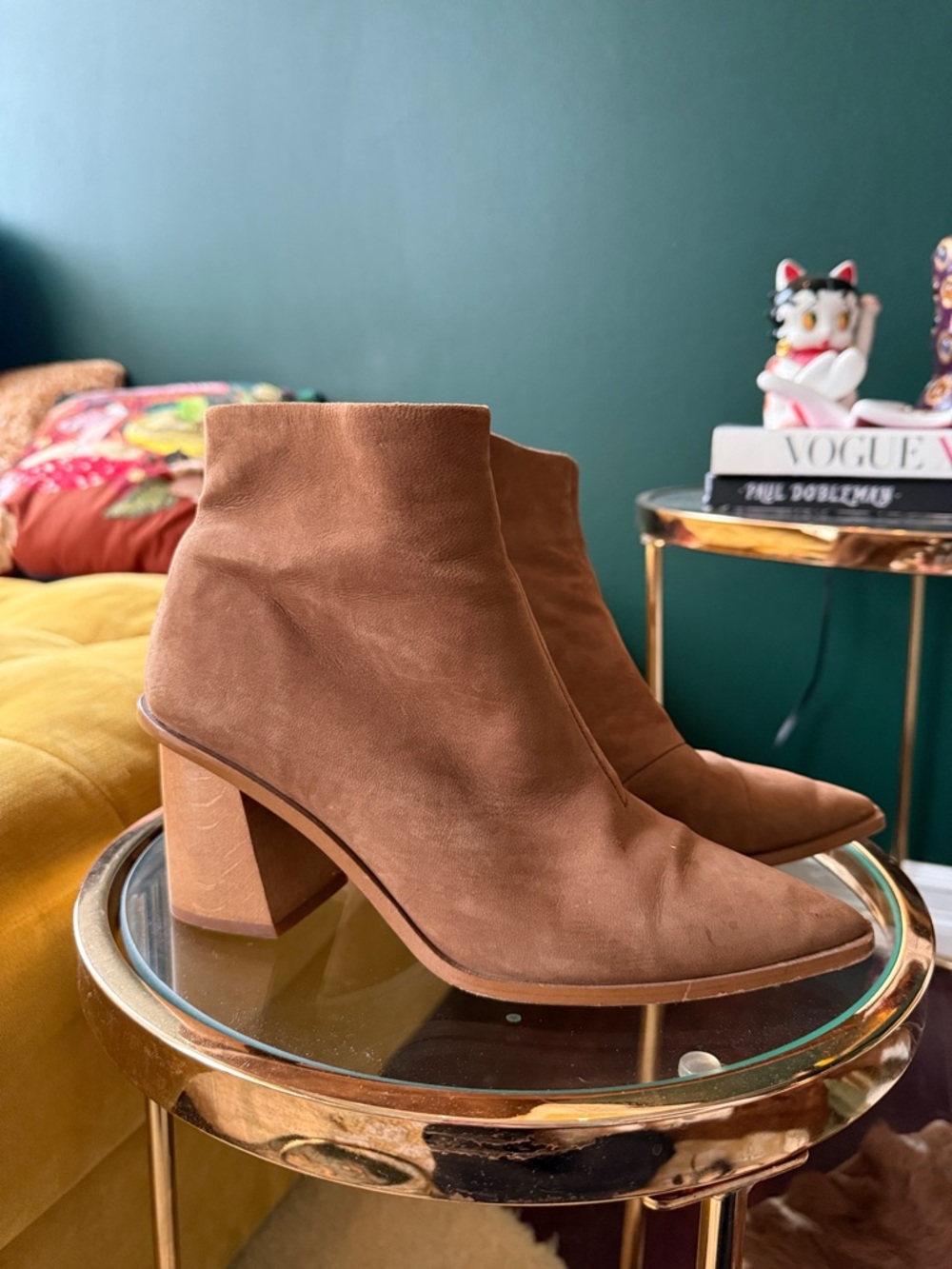 1. State Tan Suede Block Heel Ankle Boots
